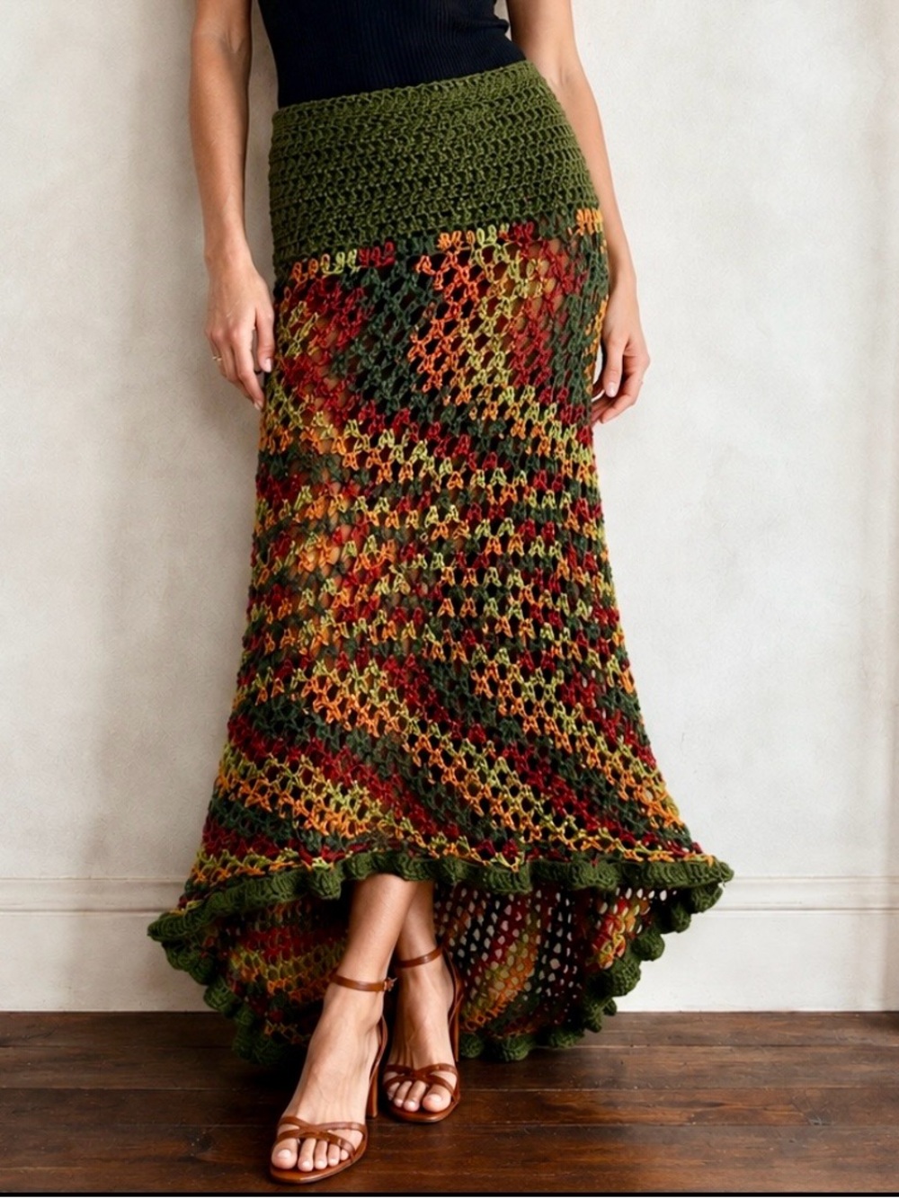 Handmade Olive Green Multicolor Crocheted Maxi Skirt